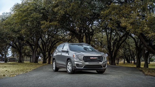 Quicksilver Metallic GMC Terrain SLE Parked On-Road With Trees