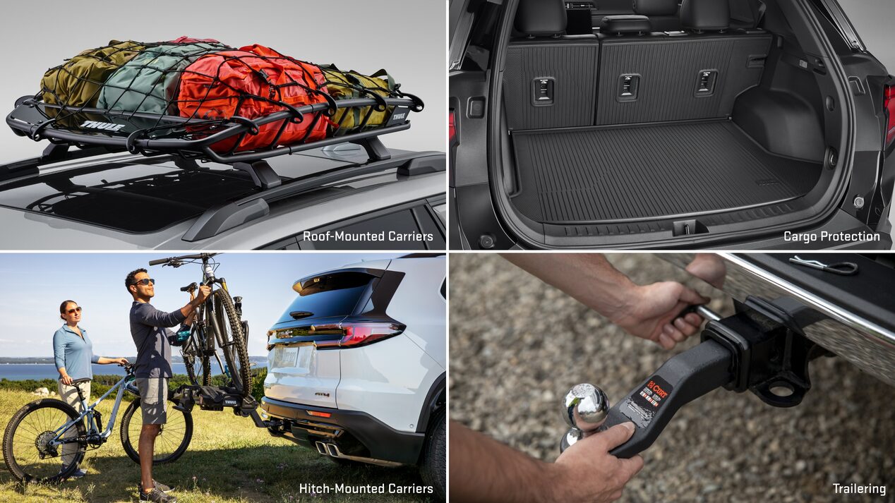Multiple views of accessorized vehicles and text overlays “roof-mounted carriers, cargo protection, hitch-mounted carriers, and trailering”.