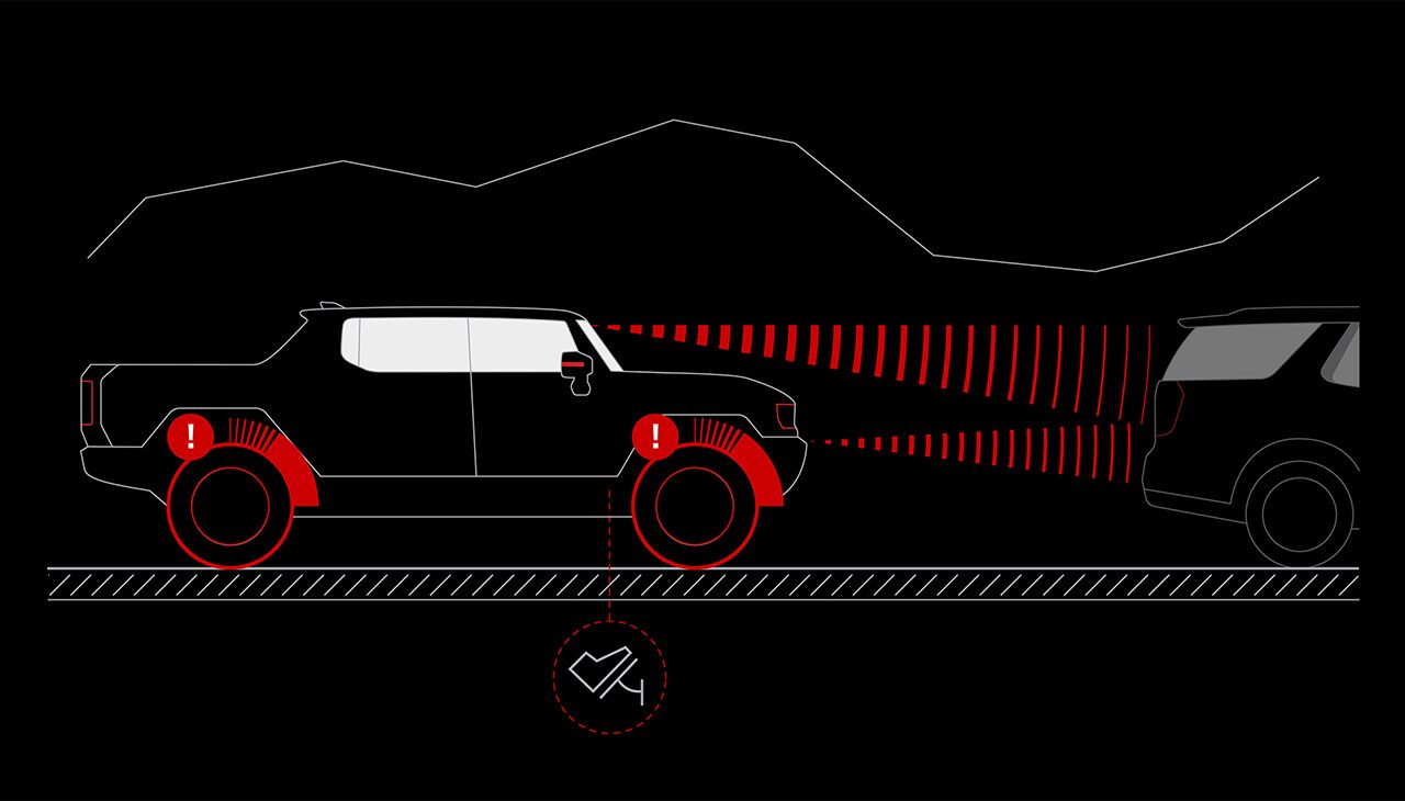 Diagram Illustrating GMC Enhanced Automatic Emergency Braking System Detecting a Vehicle Ahead and Applying Brakes