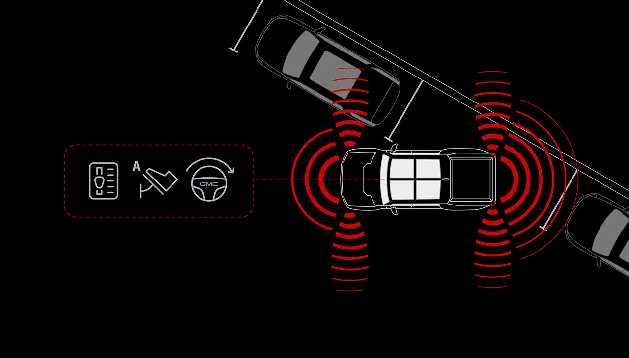 Diagram Illustrating GMC Enhanced Automatic Emergency Braking System Detecting a Vehicle Ahead and Applying Brakes