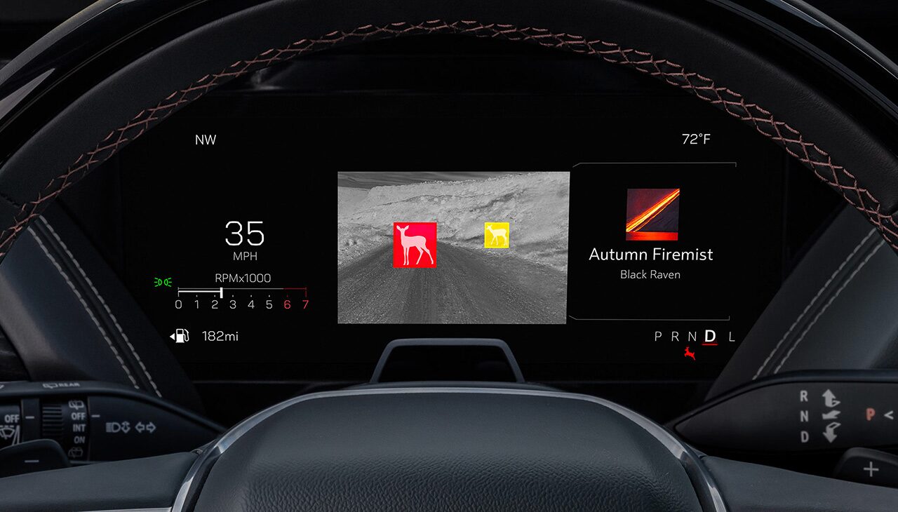 GMC Dashboard Screen Displaying Night Vision Technology Highlighting a Red Deer and a Yellow Animal on a Dark Road