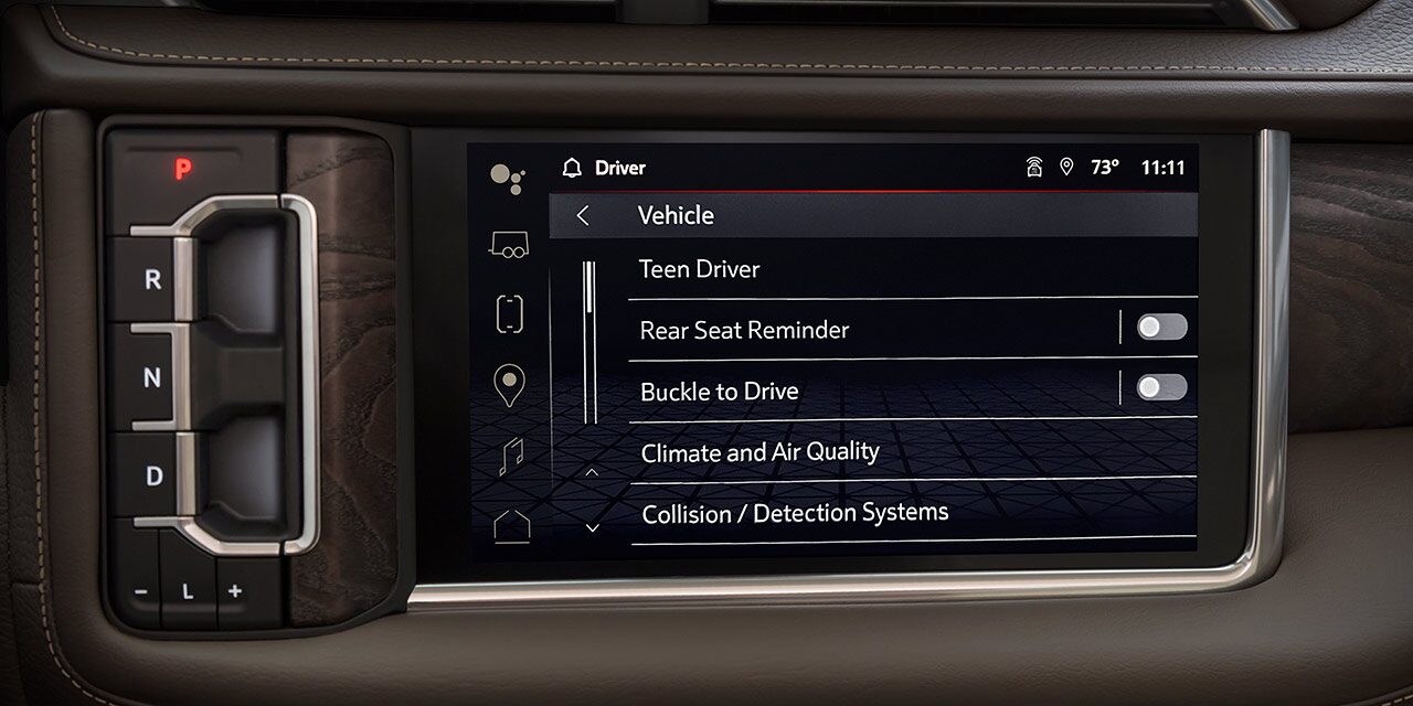 GMC Vehicle Infotainment Screen Displaying the Driver Menu with Teen Driver, Rear Seat Reminder, and Buckle to Drive Options