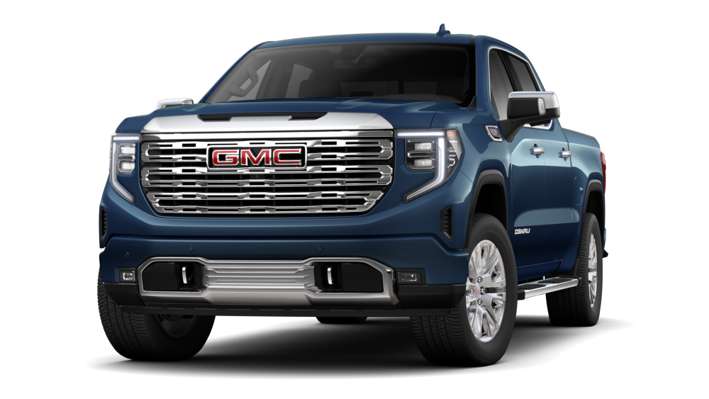 Front Three-Quarters View of a Downpour Metallic 2026 GMC Sierra Denali Luxury Pickup Truck