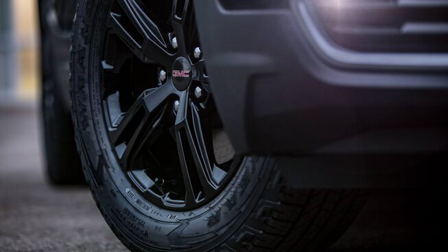 Closeup on Jet Black Rim and Tires on the GMC Terrain AT4