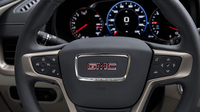 The Sleek Design of the 2023 Terrain Denali Steering Wheel Equipped with Driver Friendly Technology 