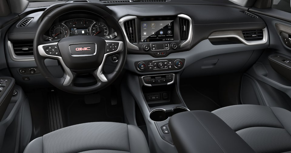 Steering Wheel, Infotainment System, and Jet Black Interior on the GMC Terrain SLE