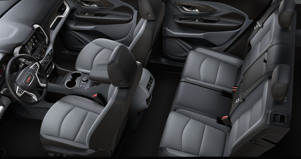 Steering Wheel, Infotainment System, and Jet Black Interior on the GMC Terrain SLE
