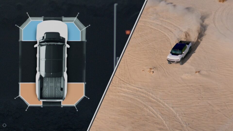 Overhead View of a 2025 Hummer EV Sensors With a Side By Side Image of a Hummer Off-Roading in the Dessert