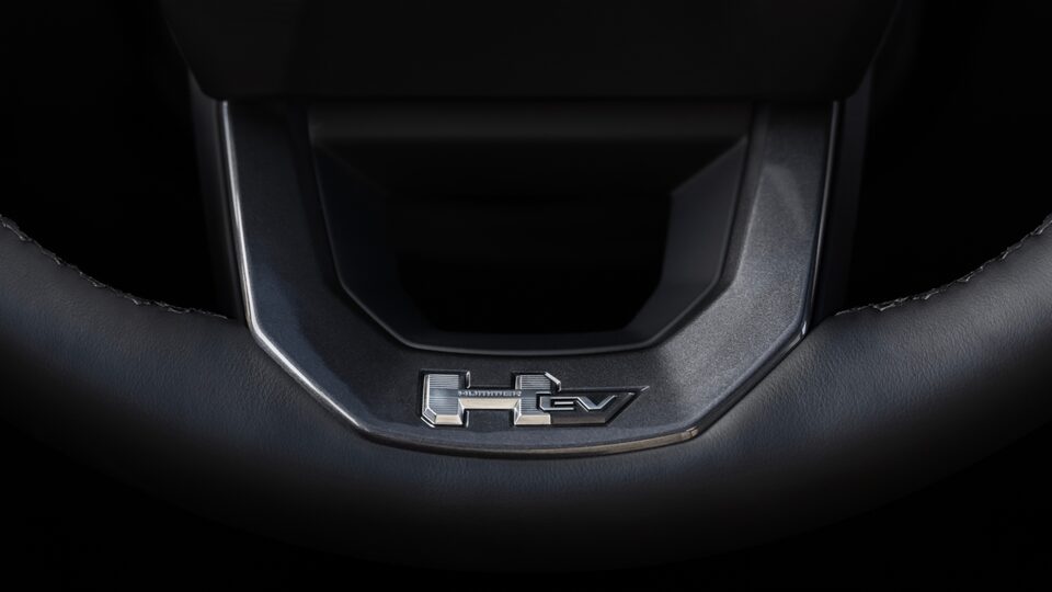 Close-Up View of the 2025 Hummer EV Badging on the Steering Wheel