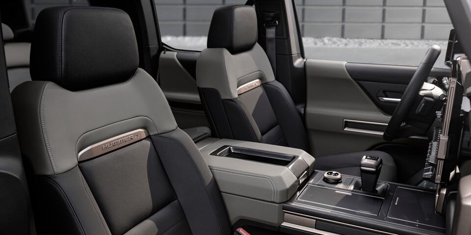 Passenger Door View of the 2025 Hummer EV Front Row with Lunar Shadow Interior