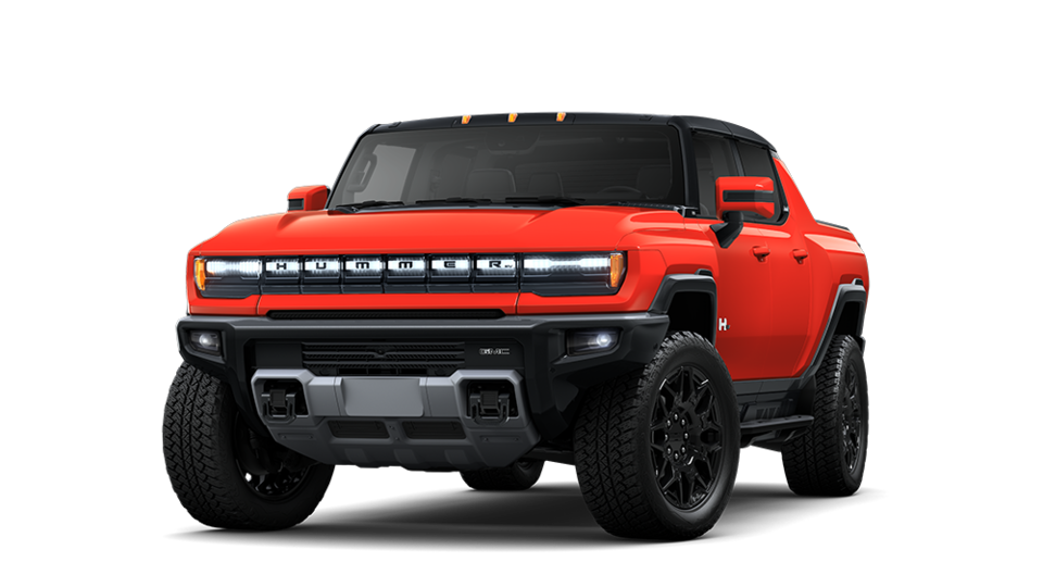 Front Three-Quarters View of a 2025 Red Hummer EV Pickup Truck