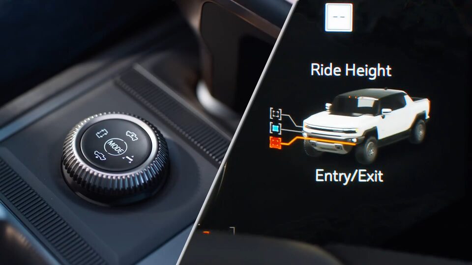 The 2025 Hummer EV Driver Mode Control Knob and a Graphic of the Air Ride Adaptive Suspension