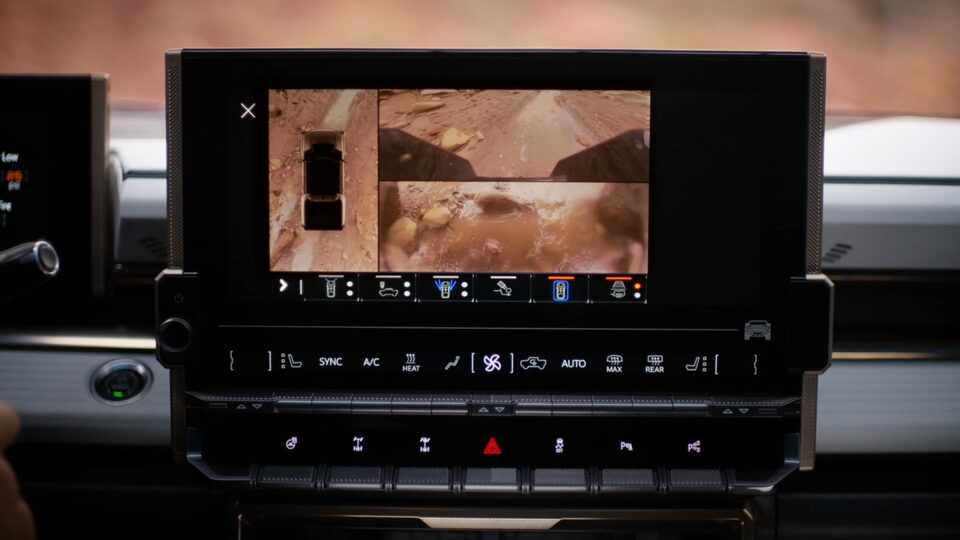Close-Up of the 2025 Hummer EV Ultravision Top, Front, and Rear Camera Views on the Infotainment Screen