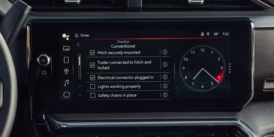 View of the Trailering Guide Checklist Shown on the Infotainment System in a 2025 GMC Sierra HD Denali Truck
