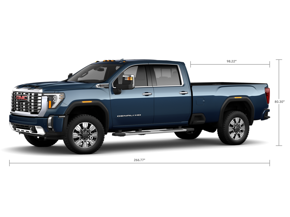 Front Three-Quarters View of a GMC Sierra HD 3500 Denali Truck with a Dimension Diagram