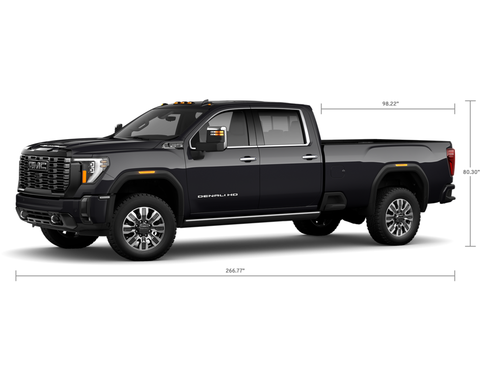 Front Three-Quarters View of a GMC Sierra HD 3500 Denali Truck with a Dimension Diagram