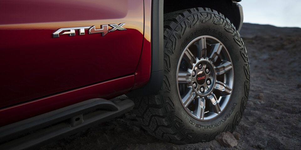 Close-up View of the Sierra AT4 Off-Road Truck's Wheels and Rims