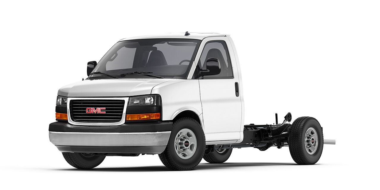 Front Three-Quarter View of a White 2026 GMC Savana Cutaway Chassis with an Open Rear Frame.