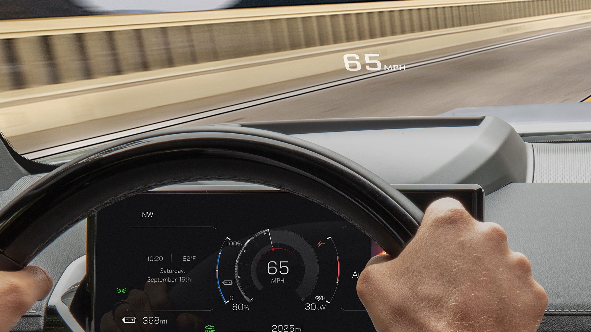 Close-up of the 2026 Sierra EV Pickup Truck's Heads Up Display on the Driver's Side Windshield