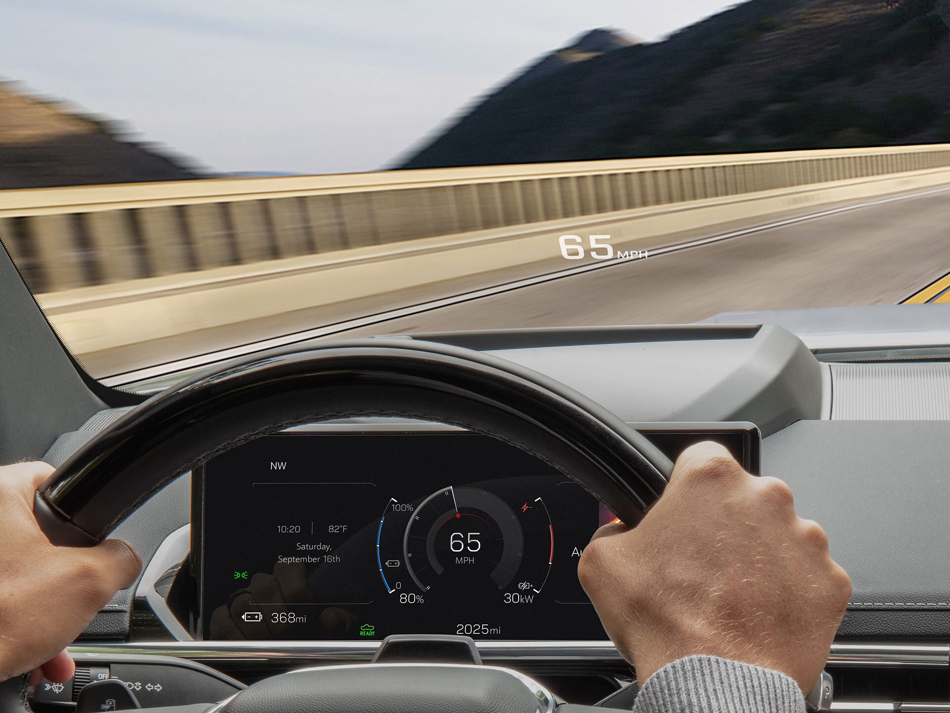 Close-up of the 2026 Sierra EV Pickup Truck's Heads Up Display on the Driver's Side Windshield
