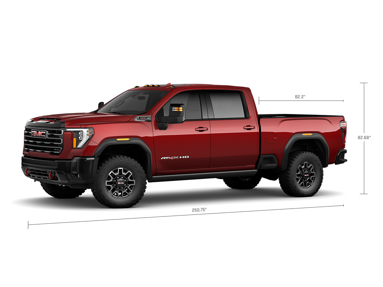 Profile View of the GMC 2026 Sierra 2500 HD AT4X Heavy Duty Off-Road Truck with Measurements for the Truck and Truck Bed