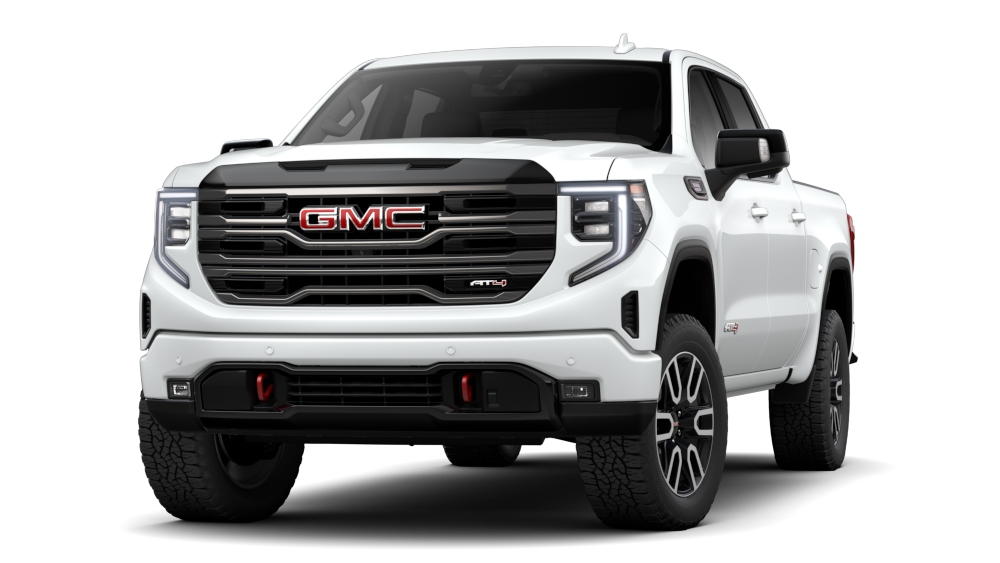 Front Three-Quarters View of a Glacier White Tricoat 2026 GMC Sierra SLT Pickup Truck